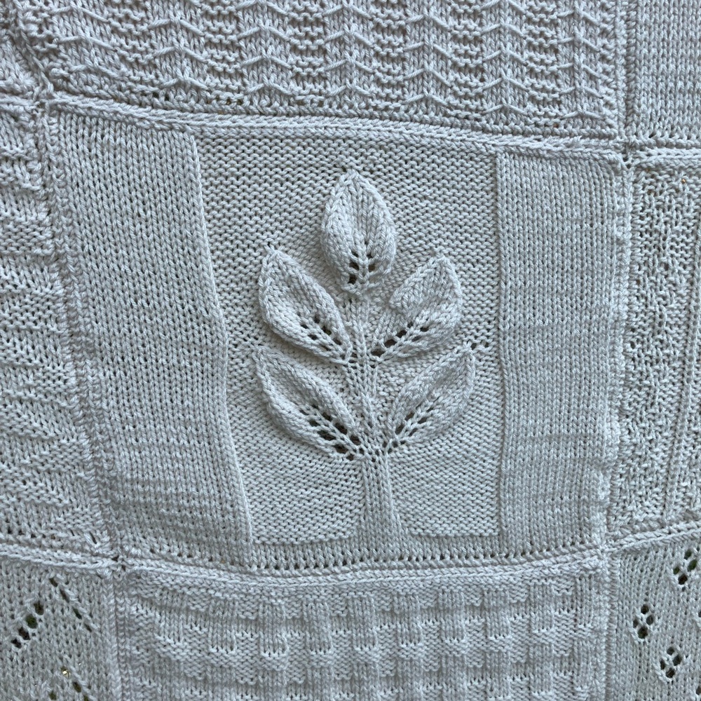 Handmade blanket with knitting sampler squares wool and acrylc throw natural